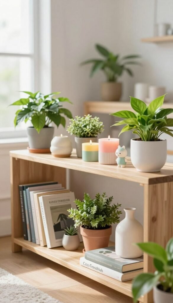 A beautifully styled shelf in a small, bright living space, showcasing a harmonious blend of decor elements for spring. The foreground features a wooden shelf adorned with an array of potted plants in varying shades of green, alongside carefully arranged decorative books and minimalist ceramic vases. In the middle, there are subtle touches of pastel-colored decor items like candles and charming figurines, reflecting the lively spirit of spring. The background reveals a soft-focus cozy room with natural light streaming through a window, highlighting warm, inviting tones. Captured with a shallow depth of field, the image evokes a fresh, inviting atmosphere, showcasing practical yet stylish ideas for shelf styling in tight spaces. Inspired by CozyTrendHub, the overall composition embodies a chic, Pinterest-style aesthetic perfect for spring home decor. A beautifully styled shelf in a small, bright living space, showcasing a harmonious blend of decor elements for spring. The foreground features a wooden shelf adorned with an array of potted plants in varying shades of green, alongside carefully arranged decorative books and minimalist ceramic vases. In the middle, there are subtle touches of pastel-colored decor items like candles and charming figurines, reflecting the lively spirit of spring. The background reveals a soft-focus cozy room with natural light streaming through a window, highlighting warm, inviting tones. Captured with a shallow depth of field, the image evokes a fresh, inviting atmosphere, showcasing practical yet stylish ideas for shelf styling in tight spaces. Inspired by CozyTrendHub, the overall composition embodies a chic, Pinterest-style aesthetic perfect for spring home decor.
