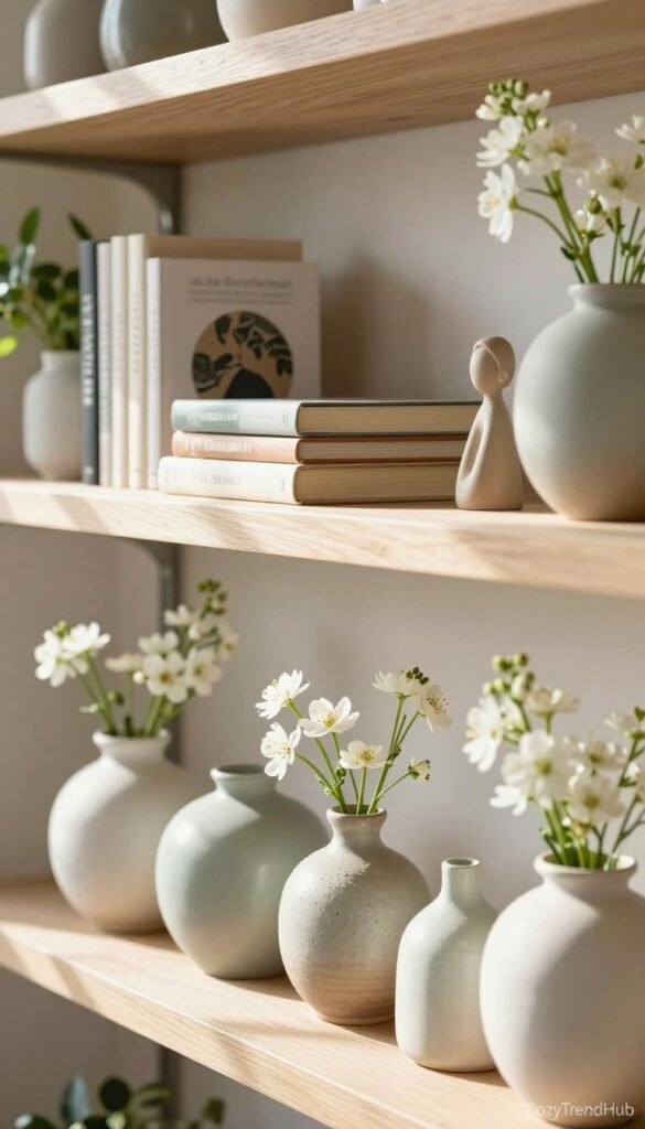 A beautifully styled shelf showcasing elegant decor accents for spring, embodying a high-end look under $50. In the foreground, display an array of textured ceramic vases in soft pastel colors, filled with small white flowers. The middle layer features a sleek, minimalist wooden shelf adorned with stylish books, layered natural wood trays, and a decorative figurine. In the background, softly blurred greenery peeks from a nearby window, with gentle sunlight illuminating the scene, creating a warm and inviting atmosphere. The camera angle is slightly above eye level, capturing the arrangement's depth and layering. The overall mood is fresh, inviting, and sophisticated, perfect for a spring decor theme. Include branding subtly in the corner, "CozyTrendHub". A beautifully styled shelf showcasing elegant decor accents for spring, embodying a high-end look under $50. In the foreground, display an array of textured ceramic vases in soft pastel colors, filled with small white flowers. The middle layer features a sleek, minimalist wooden shelf adorned with stylish books, layered natural wood trays, and a decorative figurine. In the background, softly blurred greenery peeks from a nearby window, with gentle sunlight illuminating the scene, creating a warm and inviting atmosphere. The camera angle is slightly above eye level, capturing the arrangement's depth and layering. The overall mood is fresh, inviting, and sophisticated, perfect for a spring decor theme. Include branding subtly in the corner, "CozyTrendHub".