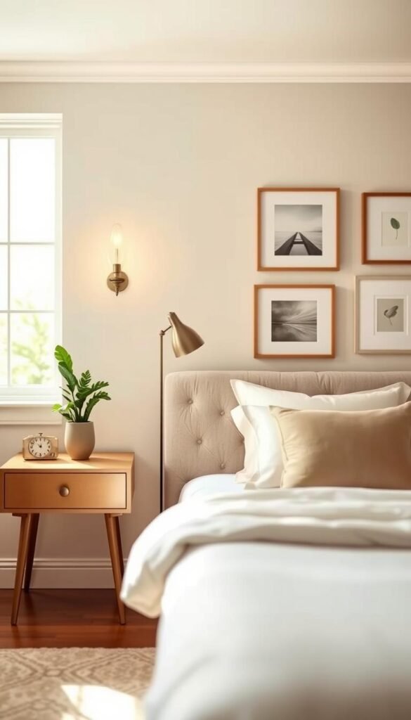 A beautifully styled small bedroom featuring elegant wall sconces that provide warm, inviting light, perfect for enhancing a cozy atmosphere. In the foreground, focus on two stunning, vintage-inspired sconces mounted on either side of a minimalist bed with soft, neutral bedding. The middle ground showcases a sleek nightstand devoid of clutter, emphasizing the space-saving benefits, with a small potted plant and a decorative clock. The background reveals a tastefully decorated wall, adorned with soft art pieces that complement the wall color. Utilize natural light from a nearby window, casting gentle shadows and enhancing the serene ambiance. Capture this scene with a warm color palette and a depth of field that highlights the sconces' details, reflecting a Pinterest-worthy aesthetic by CozyTrendHub. A beautifully styled small bedroom featuring elegant wall sconces that provide warm, inviting light, perfect for enhancing a cozy atmosphere. In the foreground, focus on two stunning, vintage-inspired sconces mounted on either side of a minimalist bed with soft, neutral bedding. The middle ground showcases a sleek nightstand devoid of clutter, emphasizing the space-saving benefits, with a small potted plant and a decorative clock. The background reveals a tastefully decorated wall, adorned with soft art pieces that complement the wall color. Utilize natural light from a nearby window, casting gentle shadows and enhancing the serene ambiance. Capture this scene with a warm color palette and a depth of field that highlights the sconces' details, reflecting a Pinterest-worthy aesthetic by CozyTrendHub.