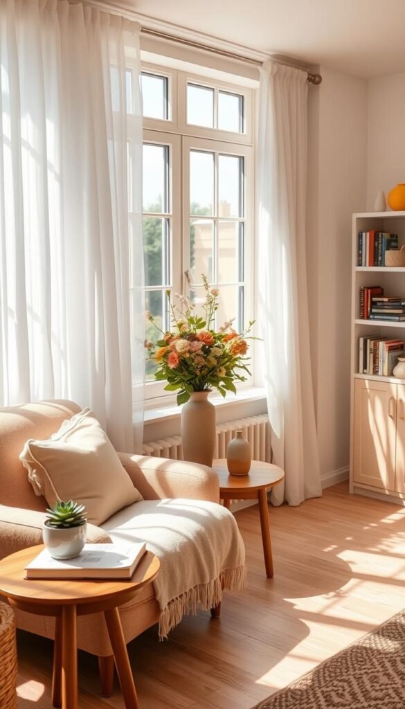 A beautifully styled small living room bathed in soft, warm window light, showcasing summer decor elements. In the foreground, a cozy reading nook with a plush armchair adorned with pastel cushions and a lightweight throw. A small wooden side table holds a potted succulent and an open book. In the middle, a large window with sheer white curtains softly diffusing sunlight, casting delicate patterns on the light wooden floor. A seasonal floral arrangement in a ceramic vase adds a touch of color. In the background, shelves filled with neatly arranged books and decorative items, creating an inviting atmosphere. The image captures a tranquil, airy mood, ideal for summer inspiration. CozyTrendHub – Pinterest-style lifestyle photo, realistic and styled for home decor enthusiasts. A beautifully styled small living room bathed in soft, warm window light, showcasing summer decor elements. In the foreground, a cozy reading nook with a plush armchair adorned with pastel cushions and a lightweight throw. A small wooden side table holds a potted succulent and an open book. In the middle, a large window with sheer white curtains softly diffusing sunlight, casting delicate patterns on the light wooden floor. A seasonal floral arrangement in a ceramic vase adds a touch of color. In the background, shelves filled with neatly arranged books and decorative items, creating an inviting atmosphere. The image captures a tranquil, airy mood, ideal for summer inspiration. CozyTrendHub – Pinterest-style lifestyle photo, realistic and styled for home decor enthusiasts.