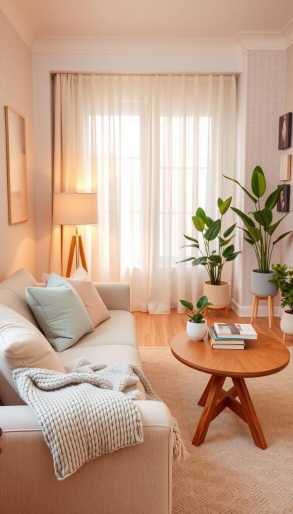 A beautifully styled small living room emphasizing color strategies to create a cozy feel, featuring a soft, light beige sofa adorned with pastel throw pillows and a light gray knitted blanket in the foreground. In the middle, a stylish wooden coffee table holds a few coffee table books and a small green plant, with warm, inviting lighting coming from a nearby floor lamp. The background showcases light, airy curtains that gently filter sunlight, illuminating the room without darkening the space. The walls are painted in soft, neutral hues with a textured, subtle wallpaper design. A hint of greenery from potted plants adds freshness, while decorative art pieces in soft colors complete the inviting atmosphere. The overall mood is warm, inviting, and cheerful, embodying the essence of CozyTrendHub.