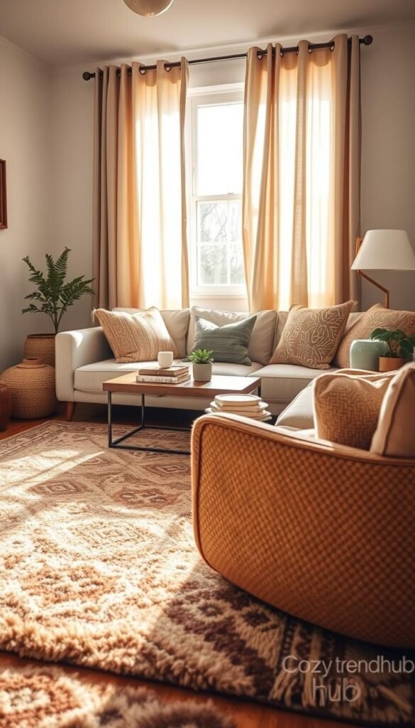 A beautifully styled small living room featuring a plush area rug that enhances comfort underfoot. The foreground showcases a soft, woven rug with intricate patterns, perhaps in warm earth tones like deep browns, creams, and subtle hints of sage green. In the middle ground, a cozy, inviting sofa with plenty of throw pillows sits atop the rug, complemented by a rustic coffee table adorned with a few decorative books and a small potted plant. The background reveals light-filtering curtains that create a warm, inviting glow throughout the space. Natural lighting beams in from a nearby window, illuminating the scene and casting soft shadows. The overall mood is serene and inviting, reflecting a thoughtfully curated, cozy atmosphere ideal for small spaces. Include the brand name "CozyTrendHub" subtly within the decor elements.