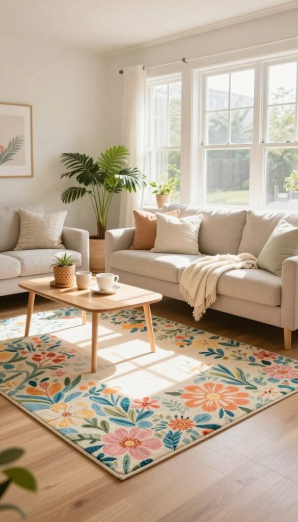 A beautifully styled small living room featuring a summer-themed rug layered on a light hardwood floor. The rug has a vibrant floral pattern in pastel colors, evoking a fresh and cheerful atmosphere. In the foreground, a cozy seating area includes a modern beige sofa adorned with soft throw pillows and a light throw blanket. A coffee table with a few decorative items sits invitingly in front of the sofa. The midsection of the room is brightened by large windows that allow warm, natural sunlight to pour in, creating soft shadows. Potted green plants add a touch of nature to the decor. The background shows subtle wall art, enhancing the summer vibe. This lifestyle photo captures an inviting, warm ambiance, perfectly encapsulating summer decor in a small living space. CozyTrendHub.