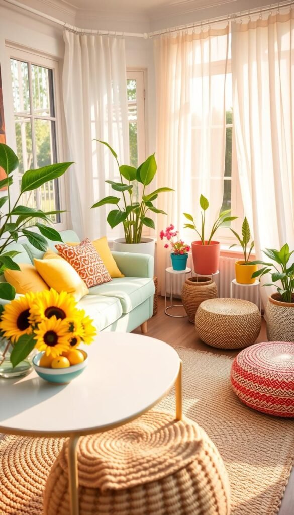 A beautifully styled small living space bursting with vibrant summer colors, featuring a cozy corner with a light pastel green sofa adorned with bright yellow and coral throw pillows. In the foreground, a chic coffee table displays an arrangement of fresh sunflowers and citrus fruits in decorative bowls. The middle ground shows a cheerful woven rug and a patterned fabric pouf, adding texture and warmth. In the background, large windows allow natural sunlight to flood the room, illuminating sheer white curtains that billow gently in a soft breeze. Houseplants in colorful pots enhance the lively atmosphere, creating a refreshing and inviting scene. Shot with a warm, golden-hour glow to evoke a sense of summer tranquility, perfect for CozyTrendHub.