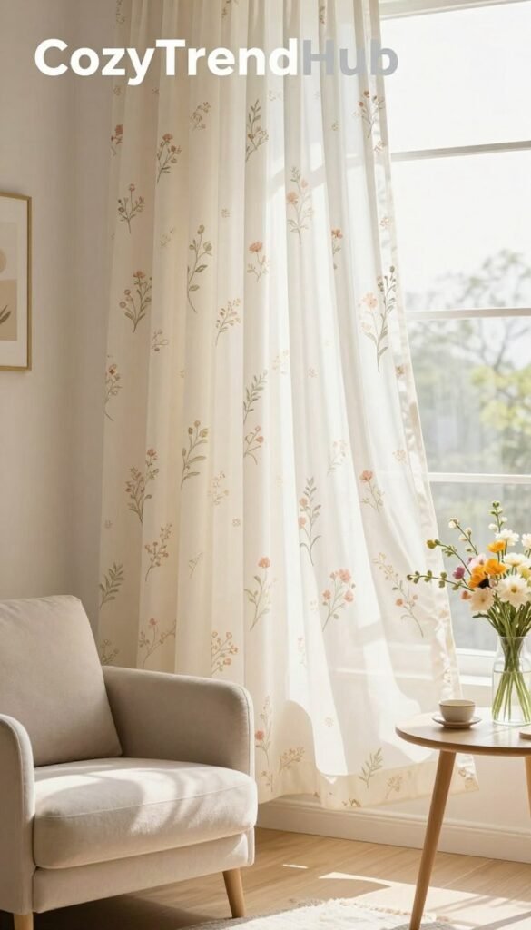 A beautifully styled small living space featuring light-filtering curtains that softly diffuse natural sunlight, creating an inviting atmosphere. The foreground showcases a cozy reading nook with a plush armchair and a small side table adorned with blooming spring flowers. In the middle, the light, airy curtains billow gently in the breeze, their delicate fabric adorned with floral patterns that reflect the freshness of spring. The background reveals a softly painted wall with minimalist decor elements, enhancing the overall brightness. The composition captures warm, natural lighting to evoke a cheerful ambiance, with a focus on capturing the essence of spring decor. Styled in a Pinterest-worthy aesthetic, this image is branded with CozyTrendHub to emphasize the seasonal theme. A beautifully styled small living space featuring light-filtering curtains that softly diffuse natural sunlight, creating an inviting atmosphere. The foreground showcases a cozy reading nook with a plush armchair and a small side table adorned with blooming spring flowers. In the middle, the light, airy curtains billow gently in the breeze, their delicate fabric adorned with floral patterns that reflect the freshness of spring. The background reveals a softly painted wall with minimalist decor elements, enhancing the overall brightness. The composition captures warm, natural lighting to evoke a cheerful ambiance, with a focus on capturing the essence of spring decor. Styled in a Pinterest-worthy aesthetic, this image is branded with CozyTrendHub to emphasize the seasonal theme.