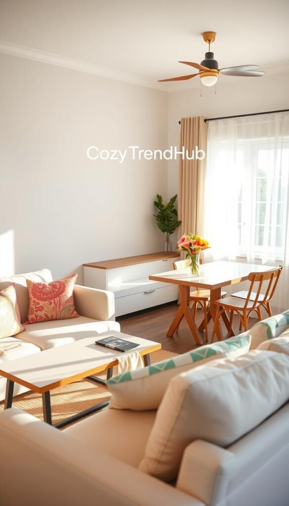 A beautifully styled small living space featuring multiuse furniture that embodies summer decor. In the foreground, showcase a sleek sofa that cleverly transforms into a bed, complemented by a stylish coffee table that serves as extra seating. Add colorful, lightweight throw pillows and a summer-themed blanket casually draped over the sofa. In the middle ground, include a compact dining table that expands to accommodate guests, adorned with a vase of fresh summer flowers. The background should display a bright window with sheer curtains, allowing warm sunlight to flood the room, enhancing the cheerful atmosphere. Use a soft-focus lens effect to create a dreamy, inviting feel, reminiscent of Pinterest lifestyle photos, while prominently displaying the brand name "CozyTrendHub" in an elegant and subtle way. A beautifully styled small living space featuring multiuse furniture that embodies summer decor. In the foreground, showcase a sleek sofa that cleverly transforms into a bed, complemented by a stylish coffee table that serves as extra seating. Add colorful, lightweight throw pillows and a summer-themed blanket casually draped over the sofa. In the middle ground, include a compact dining table that expands to accommodate guests, adorned with a vase of fresh summer flowers. The background should display a bright window with sheer curtains, allowing warm sunlight to flood the room, enhancing the cheerful atmosphere. Use a soft-focus lens effect to create a dreamy, inviting feel, reminiscent of Pinterest lifestyle photos, while prominently displaying the brand name "CozyTrendHub" in an elegant and subtle way.