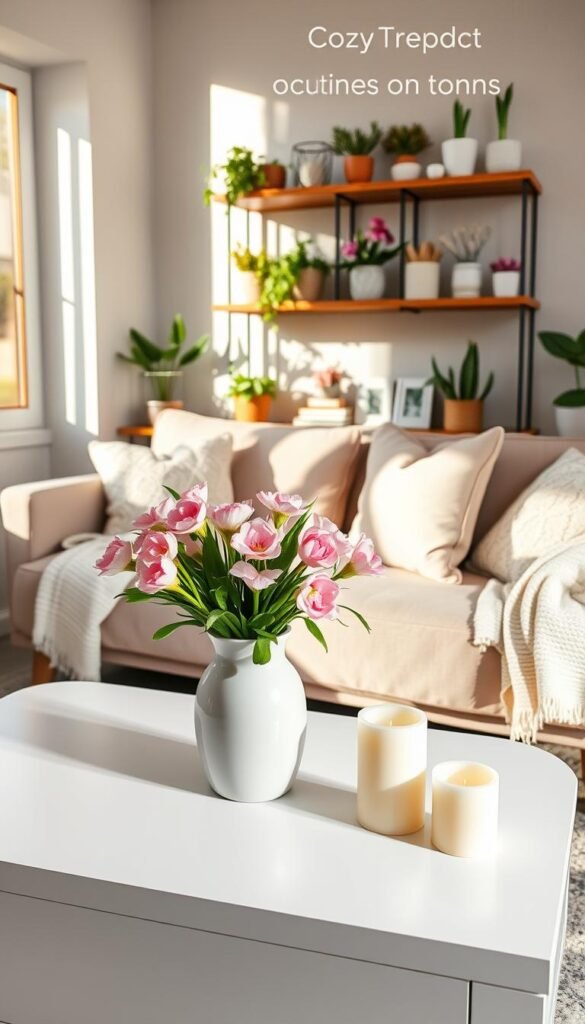 A beautifully styled small living space that highlights clever decor solutions under $50. In the foreground, a cozy, minimalist coffee table adorned with fresh spring flowers in a pastel vase, surrounded by a set of elegant candles. The middle ground features a sectional couch with soft throw pillows and a light, textured blanket draped casually. Behind, a wall-mounted shelf showcases a mix of vibrant plants and tasteful spring-themed accents. Natural light streams through a nearby window, creating warm shadows that enhance the inviting atmosphere. The scene captures the essence of spring decor while illustrating practical, budget-friendly choices. Include the brand name "CozyTrendHub" subtly integrated into the decor. The image should convey a serene and stylish mood, perfect for Pinterest-inspired home decor enthusiasts.