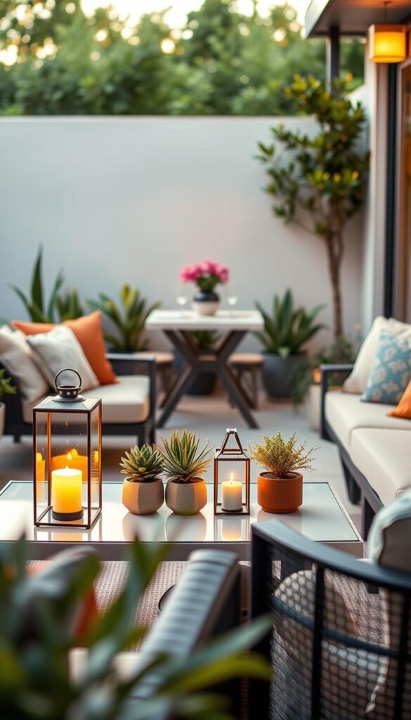 A beautifully styled small patio area, showcasing a cozy outdoor seating arrangement with a stylish, modern couch adorned with colorful cushions. In the foreground, a sleek coffee table holds decorative plants and a lantern illuminating the space with soft, warm light. The middle ground features strategically placed potted plants, natural elements, and a small dining table set for two, enhancing the inviting atmosphere. In the background, a subtle view of greenery contributes to a sense of openness. The scene is captured in golden hour lighting to create a warm, welcoming mood, with a soft-focus lens effect for a dreamy Pinterest-inspired aesthetic. The decor reflects ideas from CozyTrendHub, emphasizing how to zone a small patio effectively. A beautifully styled small patio area, showcasing a cozy outdoor seating arrangement with a stylish, modern couch adorned with colorful cushions. In the foreground, a sleek coffee table holds decorative plants and a lantern illuminating the space with soft, warm light. The middle ground features strategically placed potted plants, natural elements, and a small dining table set for two, enhancing the inviting atmosphere. In the background, a subtle view of greenery contributes to a sense of openness. The scene is captured in golden hour lighting to create a warm, welcoming mood, with a soft-focus lens effect for a dreamy Pinterest-inspired aesthetic. The decor reflects ideas from CozyTrendHub, emphasizing how to zone a small patio effectively.