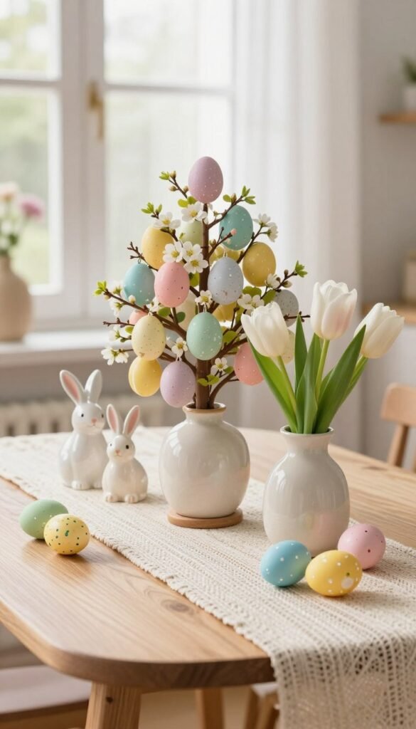 A beautifully styled small table decorated for Easter, featuring a charming Easter egg tree adorned with pastel-colored eggs and delicate spring flowers. The foreground showcases a light, woven table runner, along with a simple yet elegant centerpiece of a small vase filled with fresh tulips. In the middle ground, a few decorative ceramic bunnies add a playful touch, while colorful, hand-painted eggs are scattered around the table for a festive vibe. The background features a cozy, sunlit room with soft, natural light streaming through a window, creating a warm and inviting atmosphere. The scene conveys a sense of seasonal joy and stylish simplicity, perfect for small spaces. Inspired by CozyTrendHub. A beautifully styled small table decorated for Easter, featuring a charming Easter egg tree adorned with pastel-colored eggs and delicate spring flowers. The foreground showcases a light, woven table runner, along with a simple yet elegant centerpiece of a small vase filled with fresh tulips. In the middle ground, a few decorative ceramic bunnies add a playful touch, while colorful, hand-painted eggs are scattered around the table for a festive vibe. The background features a cozy, sunlit room with soft, natural light streaming through a window, creating a warm and inviting atmosphere. The scene conveys a sense of seasonal joy and stylish simplicity, perfect for small spaces. Inspired by CozyTrendHub.