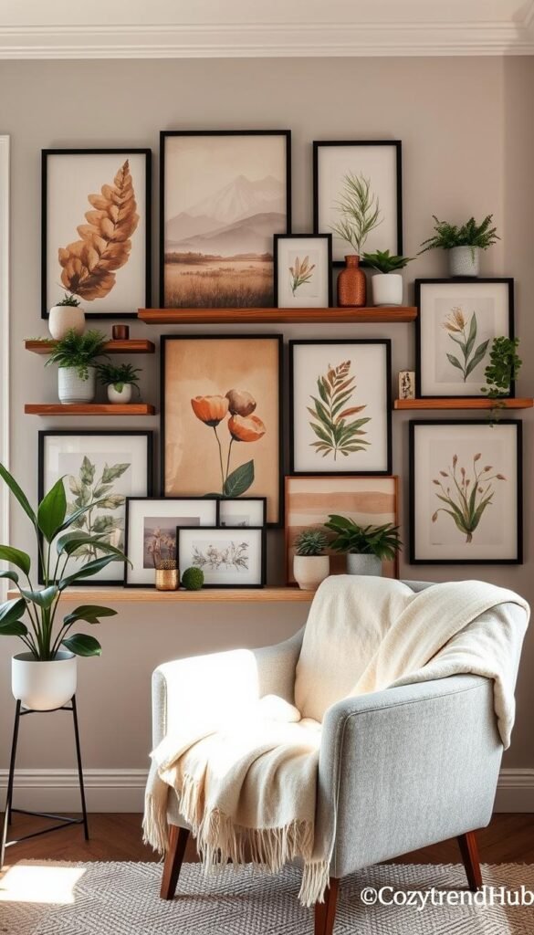A beautifully styled space focal wall featuring an artistic arrangement of framed wall art, plants, and shelves that display curated decor. In the foreground, a cozy armchair with a soft throw blanket invites relaxation, while in the middle, the focal wall showcases a blend of abstract paintings and botanical prints, all in warm earth tones that create a welcoming atmosphere. The background includes soft natural light filtering through a window, casting gentle shadows, enhancing the textures of the decor. The overall mood is inviting and stylish, perfect for a renter looking to upgrade their space. The image reflects current home decor trends that are renter-friendly. This artistic setup portrays a sense of cozy sophistication, inspired by the brand CozyTrendHub.