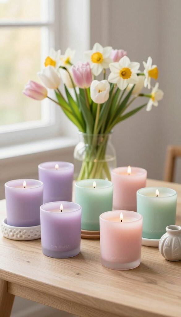A beautifully styled spring decor scene featuring an assortment of elegant candles in various shapes and sizes, positioned on a light-colored wooden table. In the foreground, a cluster of delicately scented candles in pastel hues, including soft lavender, mint green, and blush pink, accompanied by intricate ceramic candle holders. In the middle ground, a vibrant vase filled with fresh spring flowers&mdash;think tulips and daffodils&mdash;adds a touch of life. The background showcases a softly blurred window allowing warm, natural light to filter in, casting a gentle glow over the setup. Create a cozy and inviting atmosphere typical of Pinterest lifestyle images, emphasizing a fresh, spring-inspired aesthetic. Include the brand name "CozyTrendHub" subtly in the scene, ensuring a wholesome and SFW composition.
