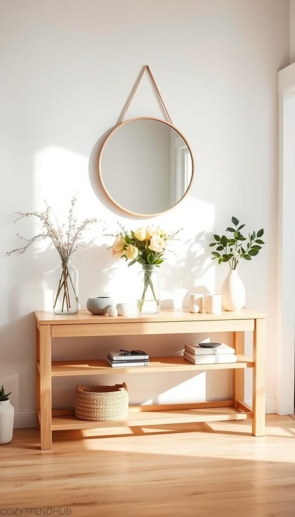 A beautifully styled spring entryway table, featuring a light wood console with minimalist design. The table is adorned with fresh flowers in a clear vase, soft pastel-colored decorative items, and a stylish bowl for keys. To one side, a small potted succulent adds a touch of greenery, while a delicate mirror hangs above, reflecting natural light. Soft, diffused sunlight streams in through a nearby window, creating a warm, inviting atmosphere. The walls are painted in a light, airy color, enhancing the brightness of the scene. This Pinterest-worthy lifestyle photo captures the essence of spring with a cozy, refreshing vibe, perfect for home decor inspiration. Visual style inspired by CozyTrendHub. A beautifully styled spring entryway table, featuring a light wood console with minimalist design. The table is adorned with fresh flowers in a clear vase, soft pastel-colored decorative items, and a stylish bowl for keys. To one side, a small potted succulent adds a touch of greenery, while a delicate mirror hangs above, reflecting natural light. Soft, diffused sunlight streams in through a nearby window, creating a warm, inviting atmosphere. The walls are painted in a light, airy color, enhancing the brightness of the scene. This Pinterest-worthy lifestyle photo captures the essence of spring with a cozy, refreshing vibe, perfect for home decor inspiration. Visual style inspired by CozyTrendHub.