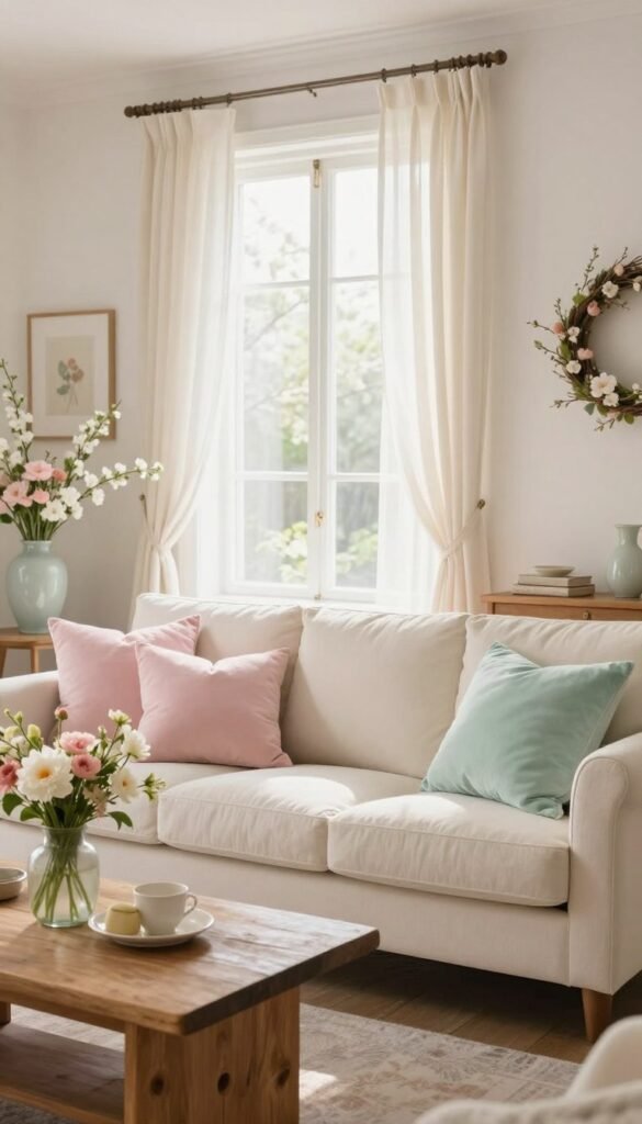 A beautifully styled spring living room setting that evokes a high-end feel without being overwhelming. In the foreground, a plush cream-colored sofa adorned with pastel pink and mint green throw pillows creates a cozy focal point. On a rustic wooden coffee table, an arrangement of fresh flowers in a delicate vase adds a natural element. The middle ground features a light, airy window draped with sheer curtains, allowing soft, diffused sunlight to flood the room, highlighting the serene atmosphere. In the background, subtle spring-themed decor such as a wreath made of blossoms and light artwork enhances the charm of the space. The image conveys warmth and tranquility, perfect for a lifestyle article about seasonal styling. Shoot with a wide-angle lens to capture all elements harmoniously, ensuring a Pinterest-worthy aesthetic for CozyTrendHub. A beautifully styled spring living room setting that evokes a high-end feel without being overwhelming. In the foreground, a plush cream-colored sofa adorned with pastel pink and mint green throw pillows creates a cozy focal point. On a rustic wooden coffee table, an arrangement of fresh flowers in a delicate vase adds a natural element. The middle ground features a light, airy window draped with sheer curtains, allowing soft, diffused sunlight to flood the room, highlighting the serene atmosphere. In the background, subtle spring-themed decor such as a wreath made of blossoms and light artwork enhances the charm of the space. The image conveys warmth and tranquility, perfect for a lifestyle article about seasonal styling. Shoot with a wide-angle lens to capture all elements harmoniously, ensuring a Pinterest-worthy aesthetic for CozyTrendHub.