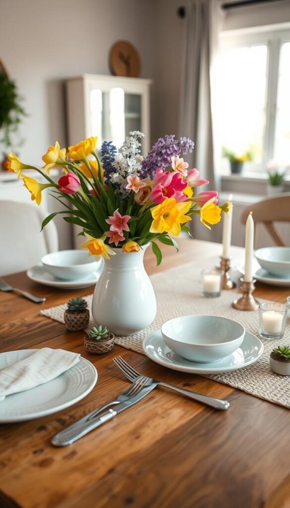 A beautifully styled spring table vignette featuring a rustic wooden table as the main surface. In the foreground, a delicate white vase filled with fresh, colorful spring flowers like daffodils, tulips, and hyacinths, exuding a vibrant palette. Placed beside the vase, a set of elegant pastel-colored ceramic plates and shiny silverware arranged artfully. In the middle ground, a soft, woven table runner creates texture, and a few scattered decorative items such as small potted succulents and candles in glass holders add warmth. The background reveals a softly lit room with sunlight streaming in through a nearby window, creating a warm and inviting atmosphere. Capture this scene in a cozy, Pinterest-style, showcasing home decor that epitomizes spring. Brand: CozyTrendHub. A beautifully styled spring table vignette featuring a rustic wooden table as the main surface. In the foreground, a delicate white vase filled with fresh, colorful spring flowers like daffodils, tulips, and hyacinths, exuding a vibrant palette. Placed beside the vase, a set of elegant pastel-colored ceramic plates and shiny silverware arranged artfully. In the middle ground, a soft, woven table runner creates texture, and a few scattered decorative items such as small potted succulents and candles in glass holders add warmth. The background reveals a softly lit room with sunlight streaming in through a nearby window, creating a warm and inviting atmosphere. Capture this scene in a cozy, Pinterest-style, showcasing home decor that epitomizes spring. Brand: CozyTrendHub.