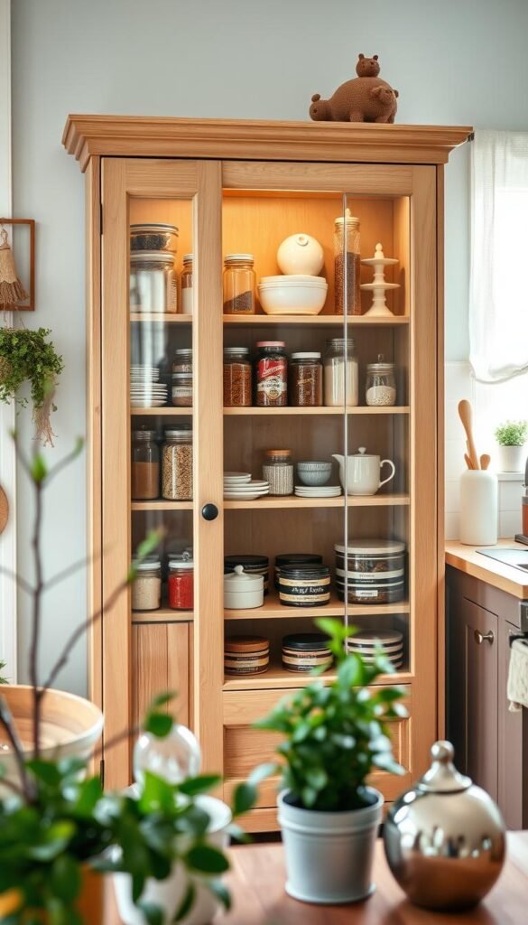 A beautifully styled stand-alone pantry cabinet with glass doors, showcasing neatly organized jars, spices, and kitchenware. The cabinet is made of light wood, exuding a warm and inviting feel, perfectly suited for small spaces. In the foreground, there are decorative plants and vintage kitchen accessories, creating a cozy atmosphere. The middle layer features the cabinet with clear glass doors reflecting soft, natural light from a nearby window, highlighting the items inside. In the background, a tastefully decorated kitchen with pastel colors enhances the overall aesthetic. The scene captures a Pinterest-worthy lifestyle, showcasing practical storage solutions. The mood is bright and welcoming, ideal for a small home. Image style inspired by "CozyTrendHub."