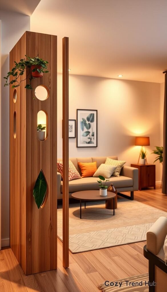 A beautifully styled studio apartment showcasing creative room dividers and privacy solutions for open-plan rentals. In the foreground, a modern wooden room divider with decorative cutouts separating living and sleeping areas, adorned with lush potted plants for a touch of nature. In the middle, a cozy sofa arranged with colorful cushions and a small, chic coffee table. The background features softly lit walls painted in neutral tones, complemented by tasteful wall art and a stylish rug. Warm, ambient lighting creates an inviting atmosphere, with a soft-focus lens effect enhancing the warmth. The scene embodies a balanced, Pinterest-style aesthetic of modern living, ideal for renters. Capture the look and feel of "CozyTrendHub" decor, highlighting the blend of privacy and style in a small space.