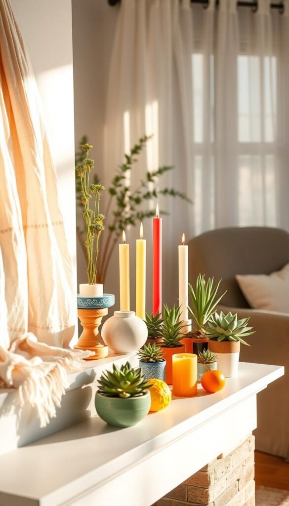 A beautifully styled summer fireplace mantel showcasing a vibrant decor theme. In the foreground, a sleek white mantel adorned with light, airy fabrics such as gauzy summer scarves and a few decorative summer-themed ceramics. In the middle, an assortment of colorful candles in varying heights, alongside fresh succulents in chic pots, creating a lively yet calming atmosphere. The background should feature a gentle, glowing light filtering through nearby sheer curtains, casting soft, warm shadows. Arrange the scene with a cozy armchair peeking in from the side, enhancing the inviting vibe. Capture this composition at a slight angle, using natural light to emphasize textures and colors, evoking a fresh, breezy summer spirit. This image embodies the brand CozyTrendHub, focusing on stylish, seasonal home decor. A beautifully styled summer fireplace mantel showcasing a vibrant decor theme. In the foreground, a sleek white mantel adorned with light, airy fabrics such as gauzy summer scarves and a few decorative summer-themed ceramics. In the middle, an assortment of colorful candles in varying heights, alongside fresh succulents in chic pots, creating a lively yet calming atmosphere. The background should feature a gentle, glowing light filtering through nearby sheer curtains, casting soft, warm shadows. Arrange the scene with a cozy armchair peeking in from the side, enhancing the inviting vibe. Capture this composition at a slight angle, using natural light to emphasize textures and colors, evoking a fresh, breezy summer spirit. This image embodies the brand CozyTrendHub, focusing on stylish, seasonal home decor.