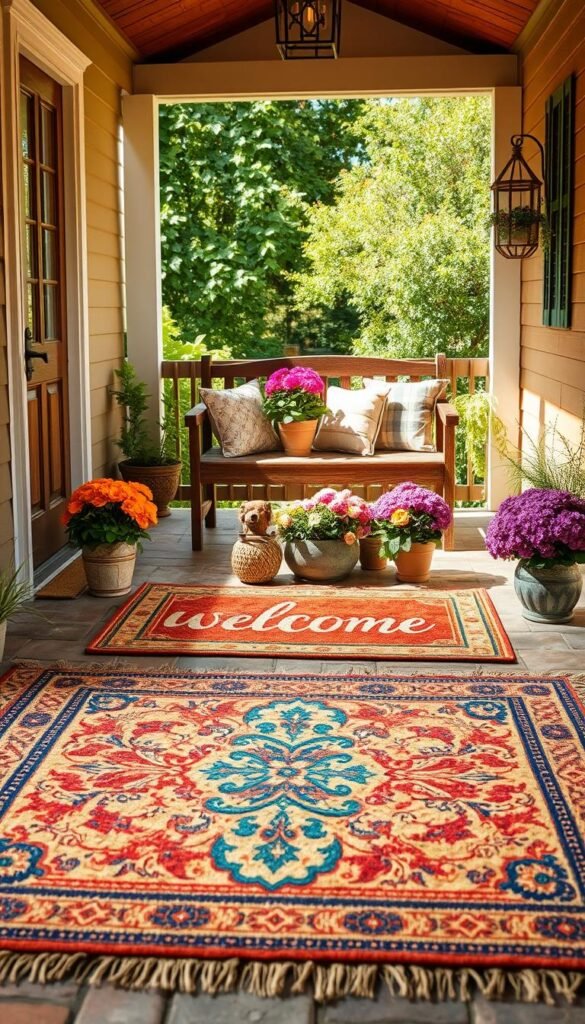 A beautifully styled summer porch featuring layered rugs, with a large, vibrant welcome mat at the entrance. The foreground displays a rich, textured area rug in warm, earthy tones, overlaid with a patterned, eye-catching welcome mat that says "Welcome." In the middle, add pots of colorful summer flowers and a rustic wooden bench adorned with soft cushions, inviting relaxation. The background showcases a charming, sunlit porch surrounded by lush greenery, with warm natural light filtering through, creating a cozy atmosphere. Capture this scene with a slightly elevated angle to encompass the welcoming feel of the entrance. The setting should evoke a serene, vibrant summer vibe, perfect for a home decor article. Brand: CozyTrendHub. A beautifully styled summer porch featuring layered rugs, with a large, vibrant welcome mat at the entrance. The foreground displays a rich, textured area rug in warm, earthy tones, overlaid with a patterned, eye-catching welcome mat that says "Welcome." In the middle, add pots of colorful summer flowers and a rustic wooden bench adorned with soft cushions, inviting relaxation. The background showcases a charming, sunlit porch surrounded by lush greenery, with warm natural light filtering through, creating a cozy atmosphere. Capture this scene with a slightly elevated angle to encompass the welcoming feel of the entrance. The setting should evoke a serene, vibrant summer vibe, perfect for a home decor article. Brand: CozyTrendHub.