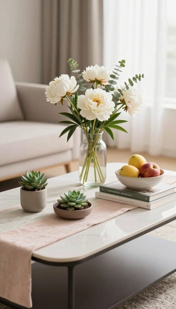 A beautifully styled tabletop arrangement for a small living room, focusing on a sleek, modern coffee table. In the foreground, a soft pastel table runner adds a touch of spring. Neatly curated decor items include a small potted succulent, a decorative bowl filled with seasonal fruits, and a stack of stylish coffee table books. In the middle ground, a tranquil vase with fresh white peonies and delicate eucalyptus sprigs evokes a fresh, inviting mood. The background features a light, airy living room with soft natural light streaming in through sheer curtains, enhancing the cozy ambiance. Capture this scene with a shallow depth of field using a 50mm lens, emphasizing the tabletop details while softly blurring the background. The overall atmosphere is warm and inviting, perfect for "CozyTrendHub" inspiration. A beautifully styled tabletop arrangement for a small living room, focusing on a sleek, modern coffee table. In the foreground, a soft pastel table runner adds a touch of spring. Neatly curated decor items include a small potted succulent, a decorative bowl filled with seasonal fruits, and a stack of stylish coffee table books. In the middle ground, a tranquil vase with fresh white peonies and delicate eucalyptus sprigs evokes a fresh, inviting mood. The background features a light, airy living room with soft natural light streaming in through sheer curtains, enhancing the cozy ambiance. Capture this scene with a shallow depth of field using a 50mm lens, emphasizing the tabletop details while softly blurring the background. The overall atmosphere is warm and inviting, perfect for "CozyTrendHub" inspiration.