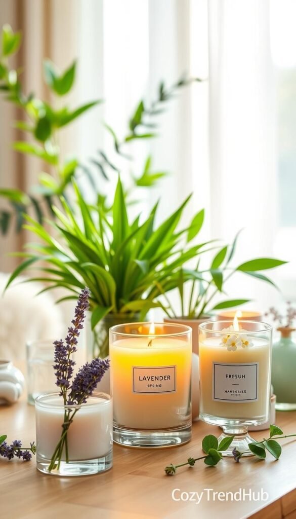 A beautifully styled tabletop scene featuring an array of spring scents candles in varying heights and elegant glass containers, capturing the essence of a cozy apartment. In the foreground, a hand-poured lavender candle emits a soft glow, while a fresh citrus candle with delicate floral accents sits nearby. The middle ground consists of fresh green plants and pastel-colored decor items, creating a harmonious balance of colors. The background features a soft, natural light streaming in from a window draped with light, airy curtains, enhancing the warm and inviting atmosphere. This Pinterest-style lifestyle image evokes feelings of tranquility and freshness, perfect for spring, branded with "CozyTrendHub". A beautifully styled tabletop scene featuring an array of spring scents candles in varying heights and elegant glass containers, capturing the essence of a cozy apartment. In the foreground, a hand-poured lavender candle emits a soft glow, while a fresh citrus candle with delicate floral accents sits nearby. The middle ground consists of fresh green plants and pastel-colored decor items, creating a harmonious balance of colors. The background features a soft, natural light streaming in from a window draped with light, airy curtains, enhancing the warm and inviting atmosphere. This Pinterest-style lifestyle image evokes feelings of tranquility and freshness, perfect for spring, branded with "CozyTrendHub".