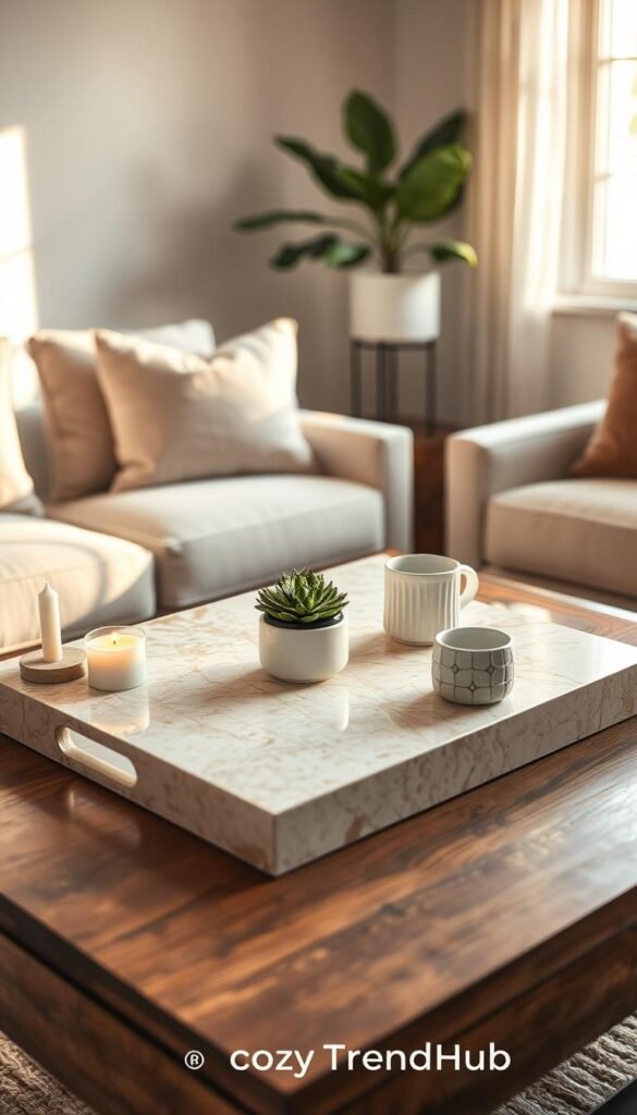 A beautifully styled travertine tray elegantly placed at the center of a cozy coffee table. The tray showcases its natural stone textures and earthy tones, with subtle variations in color, reflecting warm, inviting vibes. Surrounding the tray are delicate candles, a small potted succulent, and a few artisanal coffee mugs, creating a harmonious arrangement. The background features a softly lit, modern living room setting with light-colored walls and plush seating, enhancing the cozy atmosphere. Warm, diffused sunlight filters in through a nearby window, casting gentle shadows and highlighting the tray&rsquo;s unique patterns. The image captures a Pinterest-style lifestyle appeal, presenting an inviting, put-together look for home decor enthusiasts. This photo is attributed to "CozyTrendHub."