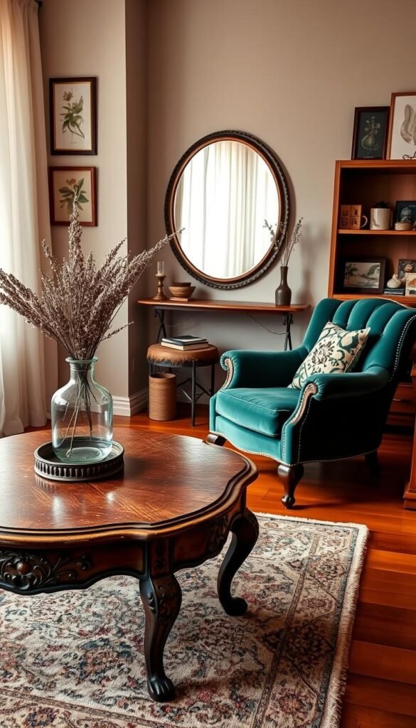A beautifully styled vintage living room corner showcasing a mix of chic vintage accents. In the foreground, there’s an ornate distressed wooden coffee table adorned with a classic glass vase holding dried florals. The middle reveals a plush, faded Persian rug layered on warm wood floors, with a retro armchair upholstered in rich emerald green fabric. A vintage-style round mirror reflects soft natural light from a nearby window draped with sheer white curtains, enhancing the cozy atmosphere. In the background, subtle hints of retro decor, like framed botanical prints and a quaint bookshelf filled with knick-knacks, add character without clutter. The overall mood is warm, inviting, and aesthetically pleasing, ideal for a Pinterest-inspired décor layout. Image should embody the essence of CozyTrendHub's vintage aesthetic while remaining clean and sophisticated. A beautifully styled vintage living room corner showcasing a mix of chic vintage accents. In the foreground, there’s an ornate distressed wooden coffee table adorned with a classic glass vase holding dried florals. The middle reveals a plush, faded Persian rug layered on warm wood floors, with a retro armchair upholstered in rich emerald green fabric. A vintage-style round mirror reflects soft natural light from a nearby window draped with sheer white curtains, enhancing the cozy atmosphere. In the background, subtle hints of retro decor, like framed botanical prints and a quaint bookshelf filled with knick-knacks, add character without clutter. The overall mood is warm, inviting, and aesthetically pleasing, ideal for a Pinterest-inspired décor layout. Image should embody the essence of CozyTrendHub's vintage aesthetic while remaining clean and sophisticated.