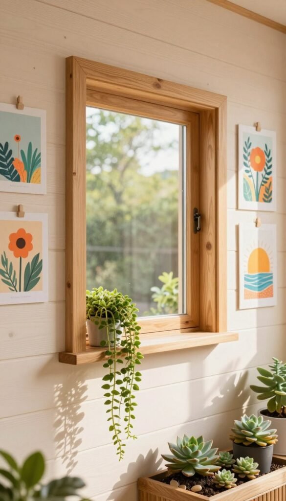 A beautifully styled wall wood window as the focal point, set against a soft, light-toned wooden wall. In the foreground, delicate trailing plants hang gracefully from the window ledge, while a small, indoor succulent garden rests below. The middle ground features a vibrant collection of summer-themed wall art, including cheerful prints and subtle textures, harmonizing with the window's natural wood finish. Bathe the scene in warm, inviting natural sunlight filtering through the window, casting gentle shadows that enhance the cozy atmosphere. The overall mood is fresh, inviting, and perfect for vertical styling in small spaces, ideal for a Pinterest-inspired home decor look by CozyTrendHub, captured from a slightly angled perspective to create depth.