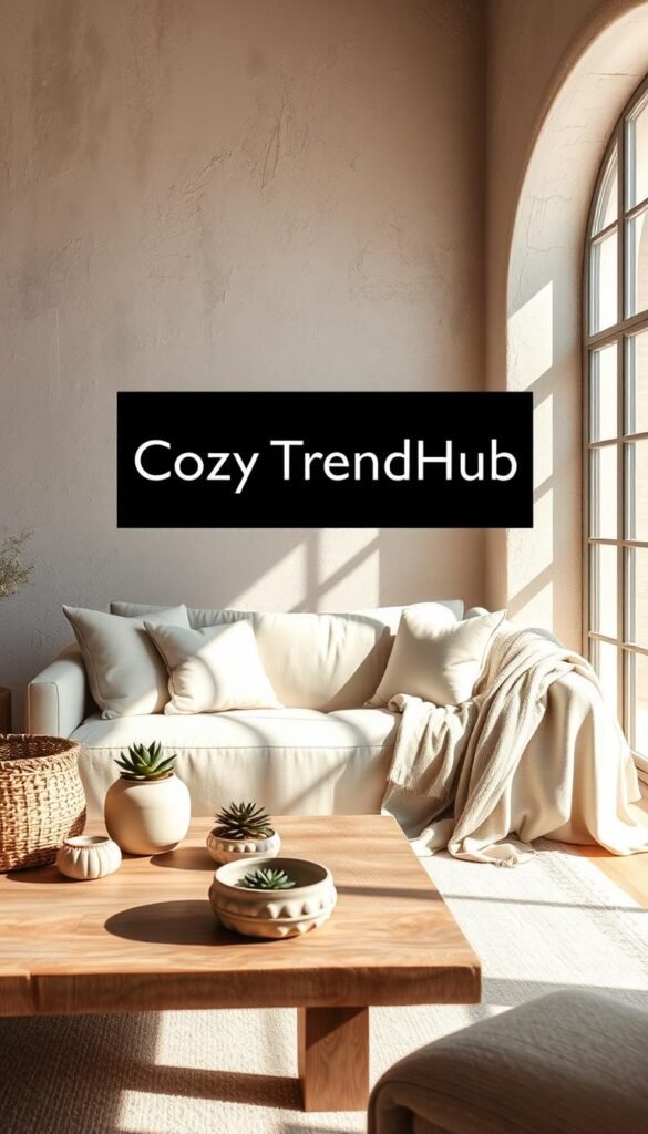 A beautifully textured limewash wall, exuding earthy tones of soft beige and muted grey, creates a warm, inviting backdrop. In the foreground, a rustic wooden coffee table is adorned with neutral decor elements like woven baskets, potted succulents, and a cozy throw blanket. The middle ground features a plush, inviting sofa draped with a light neutral fabric, surrounded by natural light streaming from a large window, casting gentle shadows. In the background, subtle plaster accents complement the limewash, adding depth and character. The atmosphere is serene and relaxed, perfect for a home imbued with warmth and style. Shot in soft, diffused lighting to enhance the cozy ambiance, this image embodies timeless elegance. Branding overlay: "CozyTrendHub". A beautifully textured limewash wall, exuding earthy tones of soft beige and muted grey, creates a warm, inviting backdrop. In the foreground, a rustic wooden coffee table is adorned with neutral decor elements like woven baskets, potted succulents, and a cozy throw blanket. The middle ground features a plush, inviting sofa draped with a light neutral fabric, surrounded by natural light streaming from a large window, casting gentle shadows. In the background, subtle plaster accents complement the limewash, adding depth and character. The atmosphere is serene and relaxed, perfect for a home imbued with warmth and style. Shot in soft, diffused lighting to enhance the cozy ambiance, this image embodies timeless elegance. Branding overlay: "CozyTrendHub".