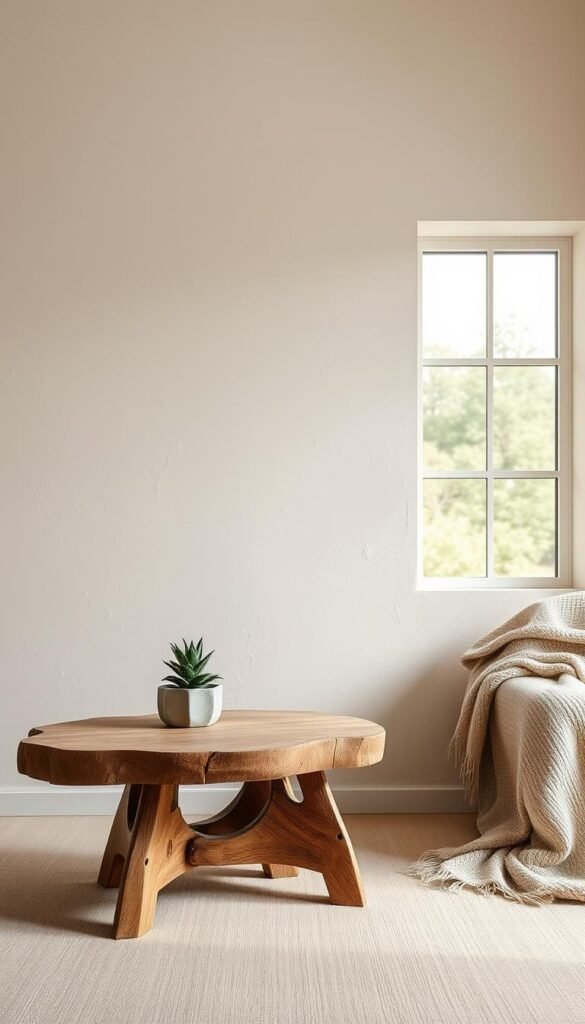 A beautifully textured limewash wall in a modern, minimalist living space, featuring soft, muted tones of cream and beige. In the foreground, a stylish, rustic wooden table adorned with a small succulent plant and a cozy, neutral-toned throw blanket. The middle ground showcases the limewash wall, with subtle variations in texture and color that create a warm, inviting atmosphere. In the background, a softly lit window allows gentle natural light to filter in, illuminating the room with a serene glow. The overall mood is calm and sophisticated, perfect for a Pinterest-style lifestyle photo reflecting contemporary decor. No people are included. The composition should convey the essence of cozy elegance, branded as "CozyTrendHub".