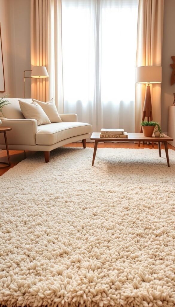 A beautifully textured shag rug, deep ivory in color, spread across a cozy living room floor. In the foreground, a plush chaise lounge, adorned with soft pastel throw pillows, contrasts against the warm tones of the rug. The middle ground features a stylish wooden coffee table with a few elegantly arranged coffee table books and a small potted plant. Subtle, warm lighting from a nearby lamp casts a gentle glow over the scene, enhancing the inviting atmosphere. In the background, a large window draped with light, sheer curtains allows natural light to filter in, illuminating the room’s tasteful decor. The overall mood is warm and welcoming, perfect for a relaxing living space. Ideal for showcasing CozyTrendHub's best cozy shag rug for living rooms that need warmth. A beautifully textured shag rug, deep ivory in color, spread across a cozy living room floor. In the foreground, a plush chaise lounge, adorned with soft pastel throw pillows, contrasts against the warm tones of the rug. The middle ground features a stylish wooden coffee table with a few elegantly arranged coffee table books and a small potted plant. Subtle, warm lighting from a nearby lamp casts a gentle glow over the scene, enhancing the inviting atmosphere. In the background, a large window draped with light, sheer curtains allows natural light to filter in, illuminating the room’s tasteful decor. The overall mood is warm and welcoming, perfect for a relaxing living space. Ideal for showcasing CozyTrendHub's best cozy shag rug for living rooms that need warmth.