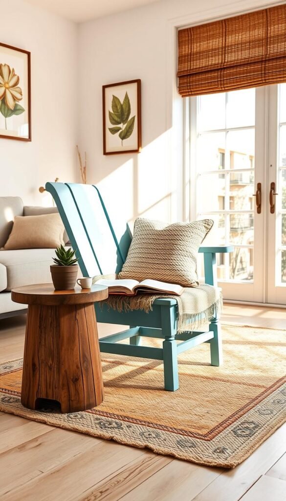 A beautifully upcycled wooden chair, now adorned with a fresh coat of pastel blue paint and complemented by a textured, handwoven cushion. The chair is placed in a bright, airy living room setting with a light, neutral color palette. In the foreground, a small, reclaimed wood side table holds a potted succulent and an open book, adding a cozy touch. The middle ground features the stylish chair, with a vintage-style rug underneath, while the background showcases a large window letting in warm, natural light, casting soft shadows that enhance the room’s inviting atmosphere. Artistic decorative accents, like framed botanical prints on the walls, contribute to a Pinterest-style aesthetic. This scene embodies the essence of sustainable home decor, branded as "CozyTrendHub". A beautifully upcycled wooden chair, now adorned with a fresh coat of pastel blue paint and complemented by a textured, handwoven cushion. The chair is placed in a bright, airy living room setting with a light, neutral color palette. In the foreground, a small, reclaimed wood side table holds a potted succulent and an open book, adding a cozy touch. The middle ground features the stylish chair, with a vintage-style rug underneath, while the background showcases a large window letting in warm, natural light, casting soft shadows that enhance the room’s inviting atmosphere. Artistic decorative accents, like framed botanical prints on the walls, contribute to a Pinterest-style aesthetic. This scene embodies the essence of sustainable home decor, branded as "CozyTrendHub".