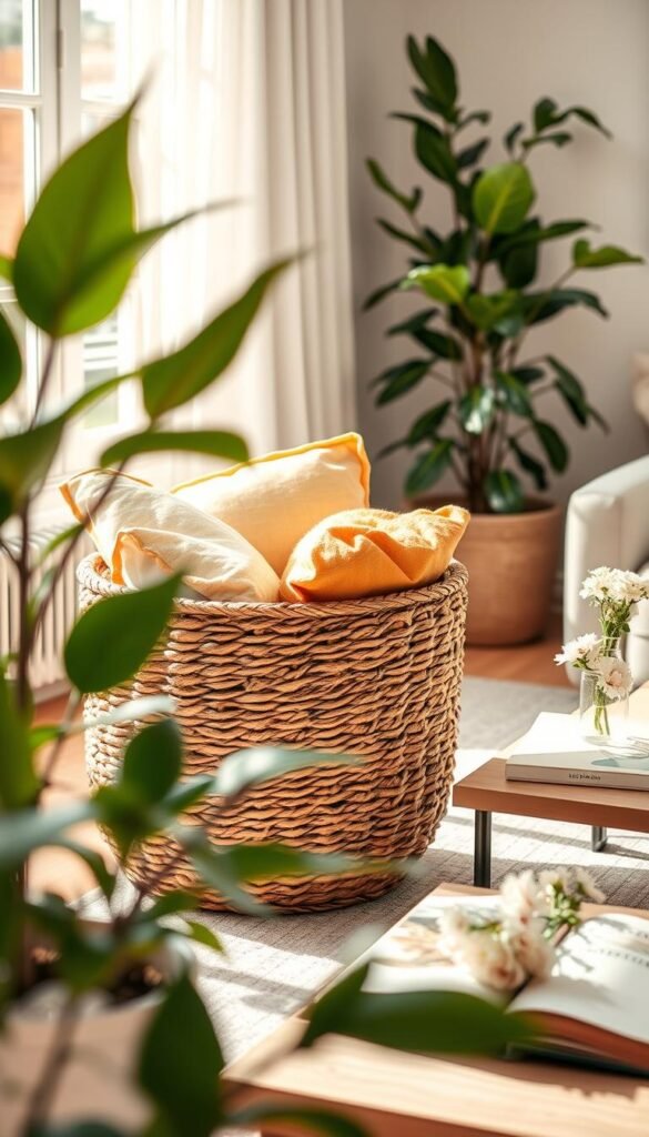 A beautifully woven rattan storage basket, intricately designed with natural tones of brown and tan, sits prominently in a cozy, sunlit living room. The basket, filled with vibrant, fresh spring throw pillows, showcases its dual functionality as both an organizer and a decorative element. In the foreground, lush green potted plants add a touch of nature, while soft, warm light filters in from a nearby window, casting gentle shadows. The middle ground features a stylish, minimalist coffee table adorned with delicate flowers and a comforting book, enhancing the overall inviting atmosphere. In the background, light-colored walls and soft pastel accents create a serene and uplifting mood, perfectly embodying spring decor. Capture this scene using a shallow depth of field to highlight the basket, aiming for a soft focus effect that enhances the calming ambiance. Ideal for a Pinterest-style lifestyle aesthetic by CozyTrendHub.