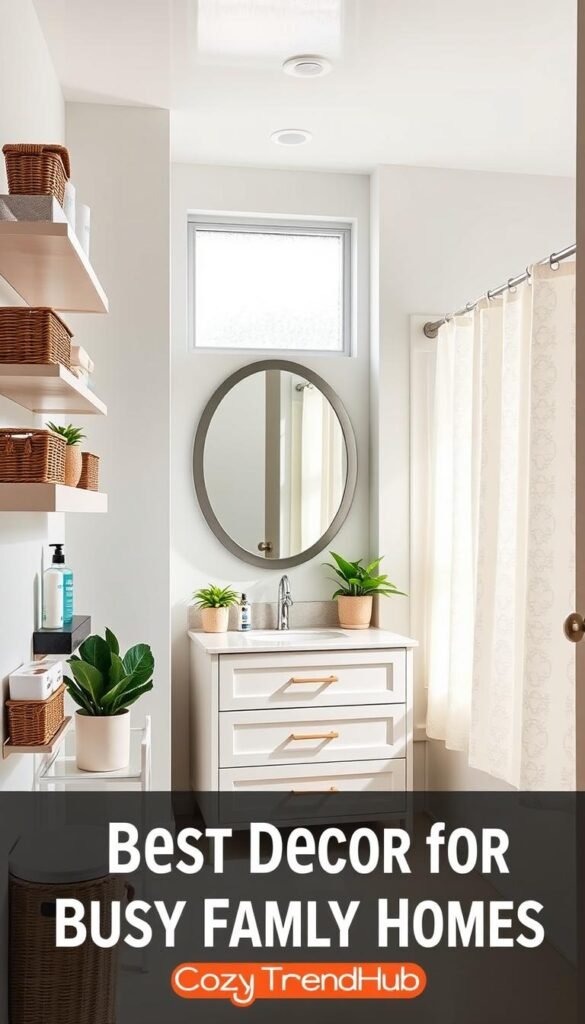 A bright, airy bathroom featuring innovative storage solutions that enhance organization and reduce clutter for busy family mornings. In the foreground, showcase stylish wall-mounted shelves filled with neatly arranged toiletries and decorative baskets. The middle ground highlights a sleek vanity with organized drawers, an eye-catching mirror, and potted plants for a fresh touch. In the background, a lovely shower curtain with a subtle pattern complements the overall decor. Soft, natural light floods the room through a frosted window, creating a warm and inviting atmosphere. Capture an overall Pinterest-style aesthetic that resonates with the &ldquo;Best Decor for Busy Family Homes&rdquo; theme. Include the brand name "CozyTrendHub" subtly incorporated into the design elements, ensuring the scene is practical, clean, and family-friendly.