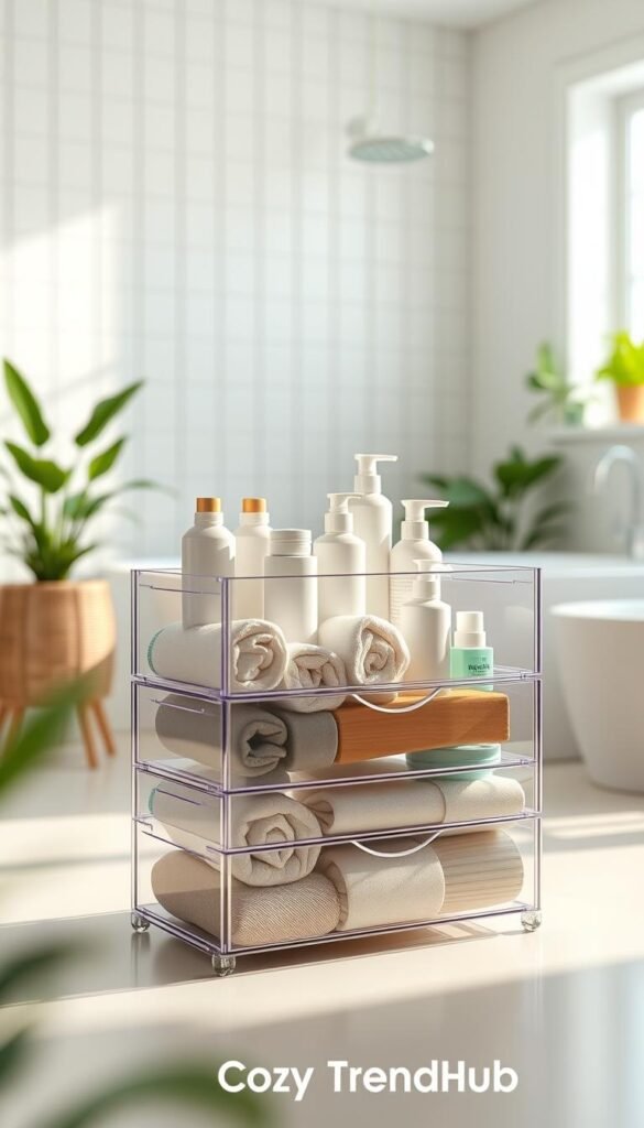 A bright, airy bathroom setting showcasing the Brightroom 3 Tier Drawer Organizer. In the foreground, the organizer is elegantly displayed, featuring three clear, stackable drawers filled with toiletries such as rolled towels, skincare products, and cleaning supplies. The middle ground blends seamlessly into a bright, tiled bathroom with plants peeking out for a touch of greenery. In the background, soft natural light streams in from a window, enhancing the fresh, clean atmosphere. Use a shallow depth of field to create a soft blur around the edges, drawing focus to the organizer. The overall mood is organized, inviting, and stylish, reflecting a modern home decor aesthetic. Render with realistic textures and colors, evoking a serene, clutter-free environment. Include the brand name "CozyTrendHub" subtly embedded in the scene. A bright, airy bathroom setting showcasing the Brightroom 3 Tier Drawer Organizer. In the foreground, the organizer is elegantly displayed, featuring three clear, stackable drawers filled with toiletries such as rolled towels, skincare products, and cleaning supplies. The middle ground blends seamlessly into a bright, tiled bathroom with plants peeking out for a touch of greenery. In the background, soft natural light streams in from a window, enhancing the fresh, clean atmosphere. Use a shallow depth of field to create a soft blur around the edges, drawing focus to the organizer. The overall mood is organized, inviting, and stylish, reflecting a modern home decor aesthetic. Render with realistic textures and colors, evoking a serene, clutter-free environment. Include the brand name "CozyTrendHub" subtly embedded in the scene.