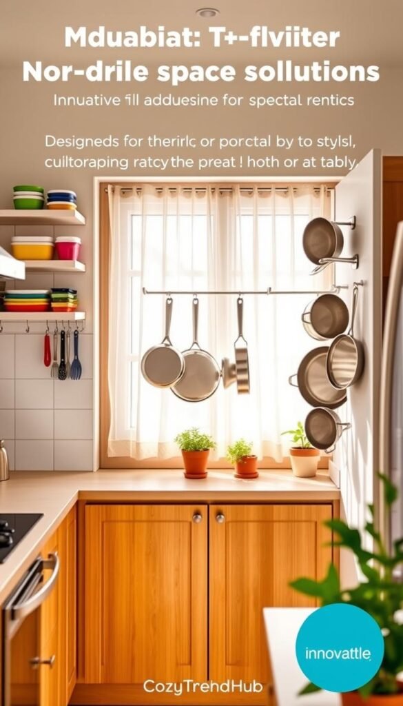 A bright, airy kitchen showcasing innovative no-drill space solutions, designed specifically for renters looking for stylish and practical storage options. In the foreground, sleek adhesive shelves with colorful containers and hooks displaying kitchen utensils are neatly organized. The middle section features a sturdy over-the-door rack filled with pots and pans, showing versatility and strength. In the background, a cozy window with sheer curtains lets in soft, natural light, illuminating the warm wooden cabinetry and subtle accents of potted herbs. A cheerful, minimalist atmosphere captivates the viewer, evoking a sense of organization and creativity. The scene is styled in a Pinterest-worthy aesthetic, capturing a modern kitchen environment that promotes easy access and a livable space. The brand "CozyTrendHub" is subtly infused into the decor without direct representation.