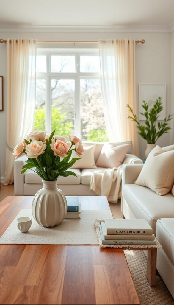 A bright, airy living room showcasing a spring decor refresh, featuring a pastel color palette of soft greens, pinks, and yellows. In the foreground, a stylish wooden coffee table adorned with fresh flowers in a ceramic vase, a few decorative books, and a cozy linen table runner. In the middle, a comfortable seating area with throw pillows and a lightweight knitted blanket draped over a modern sofa, framed by light, sheer curtains gently swaying in a soft breeze. In the background, a window revealing blooming trees and vibrant gardens outside, with natural sunlight flooding the room, enhancing the cheerful ambiance. The scene embodies a sense of renewal and warmth, ideal for a spring vibe. Branding subtly includes "CozyTrendHub" on decorative elements. A bright, airy living room showcasing a spring decor refresh, featuring a pastel color palette of soft greens, pinks, and yellows. In the foreground, a stylish wooden coffee table adorned with fresh flowers in a ceramic vase, a few decorative books, and a cozy linen table runner. In the middle, a comfortable seating area with throw pillows and a lightweight knitted blanket draped over a modern sofa, framed by light, sheer curtains gently swaying in a soft breeze. In the background, a window revealing blooming trees and vibrant gardens outside, with natural sunlight flooding the room, enhancing the cheerful ambiance. The scene embodies a sense of renewal and warmth, ideal for a spring vibe. Branding subtly includes "CozyTrendHub" on decorative elements.