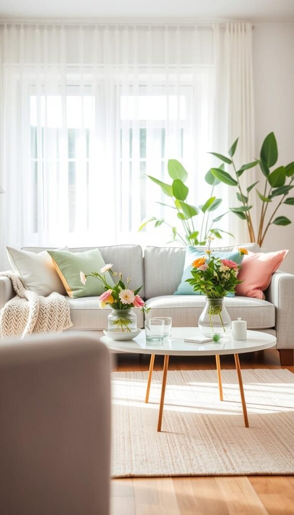 A bright, airy living room styled for spring, featuring soft pastel colors and lush greenery. In the foreground, a stylish light gray couch adorned with colorful throw pillows and a cozy knitted blanket. A modern coffee table displays a small vase filled with fresh flowers and a few thoughtfully arranged spring-themed decor items. In the middle ground, a vibrant indoor plant adds life, while a tasteful rug in soft beige ties the space together. The background showcases a window with sheer white curtains allowing natural sunlight to flood the room, enhancing the cheerful atmosphere. The overall mood is refreshing and inviting, reflecting a renter-friendly, deposit-safe approach to seasonal decorating. Captured with a soft focus lens, the lighting is warm and inviting, perfect for a Pinterest-style lifestyle image. CozyTrendHub.