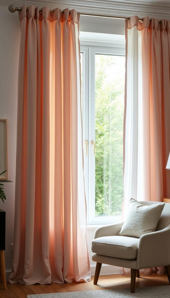 A bright, airy room featuring elegant curtains and drapery panels that gently frame a large window. The curtains are made from light, sheer fabric in soft pastel hues of blush pink and lavender, adding a pop of color while allowing natural light to filter through. In the foreground, a stylish, minimalistic curtain rod complements the fabric's flow. The middle section showcases the window adorned with lush greenery visible outside, evoking the freshness of spring. The background includes a cozy reading nook with a plush armchair and decorative pillows. Soft, diffused lighting illuminates the space, casting a warm, inviting glow to enhance the peaceful atmosphere. Capture this scene in a wide-angle shot, embodying the essence of spring decor for a dark apartment, reflecting the brand "CozyTrendHub". A bright, airy room featuring elegant curtains and drapery panels that gently frame a large window. The curtains are made from light, sheer fabric in soft pastel hues of blush pink and lavender, adding a pop of color while allowing natural light to filter through. In the foreground, a stylish, minimalistic curtain rod complements the fabric's flow. The middle section showcases the window adorned with lush greenery visible outside, evoking the freshness of spring. The background includes a cozy reading nook with a plush armchair and decorative pillows. Soft, diffused lighting illuminates the space, casting a warm, inviting glow to enhance the peaceful atmosphere. Capture this scene in a wide-angle shot, embodying the essence of spring decor for a dark apartment, reflecting the brand "CozyTrendHub".