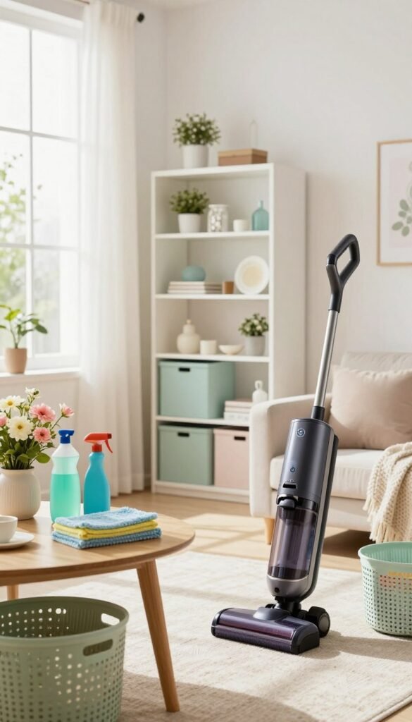 A bright, airy room filled with spring cleaning tools, featuring a stylish vacuum cleaner, vibrant mop, and elegant storage baskets in soft pastel colors. In the foreground, there&rsquo;s a sleek wooden table displaying beautifully organized cleaning supplies, with potted flowers adding a pop of color. The middle ground showcases an open shelving unit with neatly arranged decor items, reflecting a fresh and organized vibe. Soft, natural sunlight floods the space through large windows, casting gentle shadows that enhance the serene atmosphere. The background hints at a cozy living area, complete with a plush sofa and seasonal decorations. The overall composition feels inviting and uplifting, embodying a refreshing spring decor aesthetic. Perfect for CozyTrendHub, showcasing how organization elevates home decor.