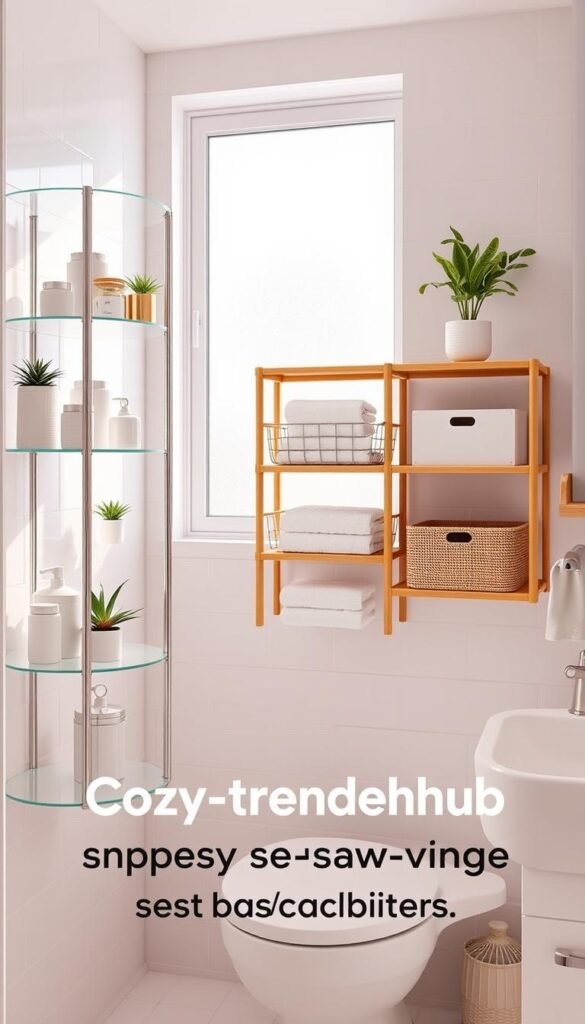 A bright and airy bathroom scene showcasing innovative space-saving storage solutions. In the foreground, elegantly designed multi-tiered shelves filled with neatly organized toiletries, decorative jars, and potted plants. The middle features a stylish over-the-toilet storage unit made of bamboo, adorned with folded towels and minimalistic storage boxes. The background reveals light-colored tiled walls and soft natural light streaming in through a frosted window, creating a warm and inviting atmosphere. The image is photographed from a slightly elevated angle, enhancing the sense of spaciousness. Overall, the composition embodies a Pinterest-style aesthetic, promoting functionality and modern home decor. The scene is branded with "CozyTrendHub" subtly integrated into the storage items for added style.