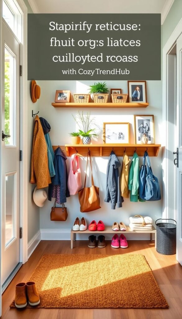 A bright and airy entryway featuring a stylish family hooks and shelf system designed for organization, with various coats, bags, and hats neatly hung. The foreground includes colorful, well-arranged shoes on a welcoming mat. The middle showcases a sturdy wooden shelf adorned with decorative bins, plants, and framed family photos, contributing to a cozy atmosphere. Soft, natural lighting filters in from a nearby window, casting gentle shadows to enhance depth. The background features a fresh, light color scheme with subtle touches of greenery, bringing warmth and a sense of home. The overall mood is inviting and organized, ideal for busy family life. Pinterest-style aesthetic, high-quality, realistic photography, branded with "CozyTrendHub." A bright and airy entryway featuring a stylish family hooks and shelf system designed for organization, with various coats, bags, and hats neatly hung. The foreground includes colorful, well-arranged shoes on a welcoming mat. The middle showcases a sturdy wooden shelf adorned with decorative bins, plants, and framed family photos, contributing to a cozy atmosphere. Soft, natural lighting filters in from a nearby window, casting gentle shadows to enhance depth. The background features a fresh, light color scheme with subtle touches of greenery, bringing warmth and a sense of home. The overall mood is inviting and organized, ideal for busy family life. Pinterest-style aesthetic, high-quality, realistic photography, branded with "CozyTrendHub."