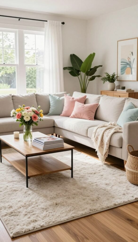 A bright and airy living room setting that embodies summer vibes, designed for a Pinterest-worthy look. In the foreground, a soft, plush light-colored area rug lays across hardwood flooring, complemented by a cozy sectional sofa adorned with pastel-hued throw pillows and a lightweight, patterned throw blanket. The middle ground features a chic coffee table topped with fresh flowers in a glass vase, and a stack of stylish magazines. In the background, large windows flood the space with natural light, framed by sheer white curtains that flutter gently in the breeze. Decor elements include potted greenery, woven baskets, and calming artwork on the walls. The ambiance is relaxed and inviting, perfect for summer gatherings. Captured in bright daylight, the scene emanates a fresh and vibrant energy. Designed for CozyTrendHub. A bright and airy living room setting that embodies summer vibes, designed for a Pinterest-worthy look. In the foreground, a soft, plush light-colored area rug lays across hardwood flooring, complemented by a cozy sectional sofa adorned with pastel-hued throw pillows and a lightweight, patterned throw blanket. The middle ground features a chic coffee table topped with fresh flowers in a glass vase, and a stack of stylish magazines. In the background, large windows flood the space with natural light, framed by sheer white curtains that flutter gently in the breeze. Decor elements include potted greenery, woven baskets, and calming artwork on the walls. The ambiance is relaxed and inviting, perfect for summer gatherings. Captured in bright daylight, the scene emanates a fresh and vibrant energy. Designed for CozyTrendHub.