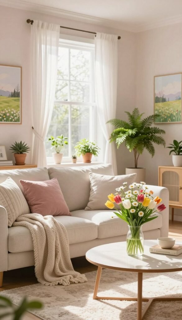 A bright and airy spring living room, designed for comfort and style. In the foreground, a plush, light-colored sofa adorned with pastel throw pillows and a knitted blanket. A coffee table features a vase brimming with fresh spring flowers, such as tulips and daisies. The middle ground showcases a large, sunlit window with sheer white curtains, casting gentle warm light across the room. Potted plants, like ferns and succulents, add a touch of green to the decor. The background includes soft pastel wall colors, framed artwork depicting spring landscapes, and a cozy rug that ties the space together. The atmosphere should feel inviting and rejuvenating, emphasizing a sense of renewal synonymous with spring. Photographed with natural lighting at a slight angle to capture depth and warmth. Brand name: CozyTrendHub. A bright and airy spring living room, designed for comfort and style. In the foreground, a plush, light-colored sofa adorned with pastel throw pillows and a knitted blanket. A coffee table features a vase brimming with fresh spring flowers, such as tulips and daisies. The middle ground showcases a large, sunlit window with sheer white curtains, casting gentle warm light across the room. Potted plants, like ferns and succulents, add a touch of green to the decor. The background includes soft pastel wall colors, framed artwork depicting spring landscapes, and a cozy rug that ties the space together. The atmosphere should feel inviting and rejuvenating, emphasizing a sense of renewal synonymous with spring. Photographed with natural lighting at a slight angle to capture depth and warmth. Brand name: CozyTrendHub.