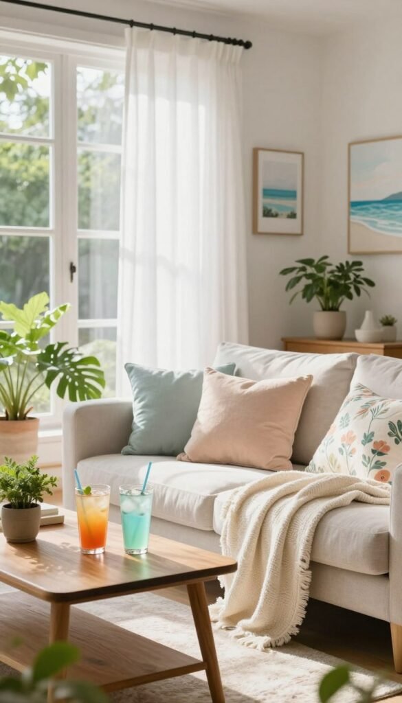 A bright and airy summer home decor scene showcasing a beautifully styled living room. In the foreground, a light, textured throw drapes over a neutral-toned sofa adorned with pastel-colored cushions, featuring floral patterns. A wooden coffee table holds refreshing iced drinks in elegant glasses and small potted plants with vibrant greenery. In the middle ground, large windows allow natural sunlight to stream in, emphasizing sheer white curtains that flutter gently with the breeze. The background highlights decorative wall art in subtle, coastal themes and a hint of lush indoor plants. The atmosphere is cheerful and inviting, evoking a sense of comfort and relaxation. Soft, diffused lighting enhances the freshness of the scene, perfect for a summer vibe. Styled by CozyTrendHub, capturing the essence of a cool and vibrant home. A bright and airy summer home decor scene showcasing a beautifully styled living room. In the foreground, a light, textured throw drapes over a neutral-toned sofa adorned with pastel-colored cushions, featuring floral patterns. A wooden coffee table holds refreshing iced drinks in elegant glasses and small potted plants with vibrant greenery. In the middle ground, large windows allow natural sunlight to stream in, emphasizing sheer white curtains that flutter gently with the breeze. The background highlights decorative wall art in subtle, coastal themes and a hint of lush indoor plants. The atmosphere is cheerful and inviting, evoking a sense of comfort and relaxation. Soft, diffused lighting enhances the freshness of the scene, perfect for a summer vibe. Styled by CozyTrendHub, capturing the essence of a cool and vibrant home.