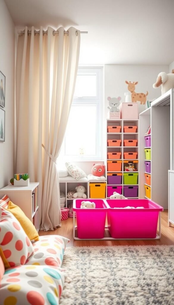 A bright and cheerful children's room that embodies a sense of organization and tranquility, ideal for reducing stress. In the foreground, a cozy reading nook with colorful cushions and a small bookshelf filled with children's books. In the middle, a neatly arranged play area with soft toys and vibrant storage bins, emphasizing practical storage solutions. The background features a well-organized closet with labeled boxes and a playful wall mural depicting friendly animals. The lighting is soft and natural, streaming through a window dressed with light, airy curtains. The angle captures a wide view of the room, illustrating a balanced and inviting atmosphere. Overall, the image reflects a Pinterest-style lifestyle aesthetic that resonates with CozyTrendHub's themes of home organization and family harmony.