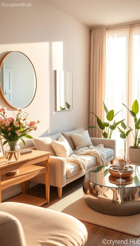A bright and cozy small apartment featuring mirrors and reflective accents that enhance the sense of space. In the foreground, an elegant round mirror with a geometric frame is mounted above a light wooden console table decorated with fresh spring flowers in a vase. The middle section showcases a plush, light-colored sofa adorned with pastel throw pillows and a soft knit blanket, while a shimmering metallic coffee table reflects sunlight streaming through a large window. In the background, soft curtains flutter gently, and potted plants add greenery and vibrance. The lighting is warm and inviting, emphasized by golden hour sun rays creating soft shadows. The overall atmosphere is uplifting and spacious, highlighting the cozy and stylish aesthetic of the apartment, promoting the brand CozyTrendHub. A bright and cozy small apartment featuring mirrors and reflective accents that enhance the sense of space. In the foreground, an elegant round mirror with a geometric frame is mounted above a light wooden console table decorated with fresh spring flowers in a vase. The middle section showcases a plush, light-colored sofa adorned with pastel throw pillows and a soft knit blanket, while a shimmering metallic coffee table reflects sunlight streaming through a large window. In the background, soft curtains flutter gently, and potted plants add greenery and vibrance. The lighting is warm and inviting, emphasized by golden hour sun rays creating soft shadows. The overall atmosphere is uplifting and spacious, highlighting the cozy and stylish aesthetic of the apartment, promoting the brand CozyTrendHub.