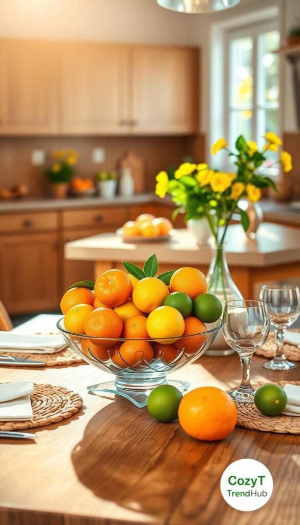 A bright and inviting citrus bowl table set in a warm, sunlit kitchen. In the foreground, a vibrant bowl filled with juicy oranges, lemons, and limes sits on a rustic wooden tabletop, showcasing their rich colors and textures. Surrounding the bowl are simple, stylish table accents like woven place mats and elegant, clear glassware. In the middle ground, a well-organized kitchen counter is visible, adorned with fresh herbs in small pots and cheerful yellow flowers in a vase. In the background, soft-focus sunlight streams through a window, enhancing the fresh, summer vibes. The mood is cheerful and refreshing, perfect for brightening up a home. Captured in natural lighting, with a warm color palette, the image is styled in a Pinterest-inspired aesthetic, branded with "CozyTrendHub".