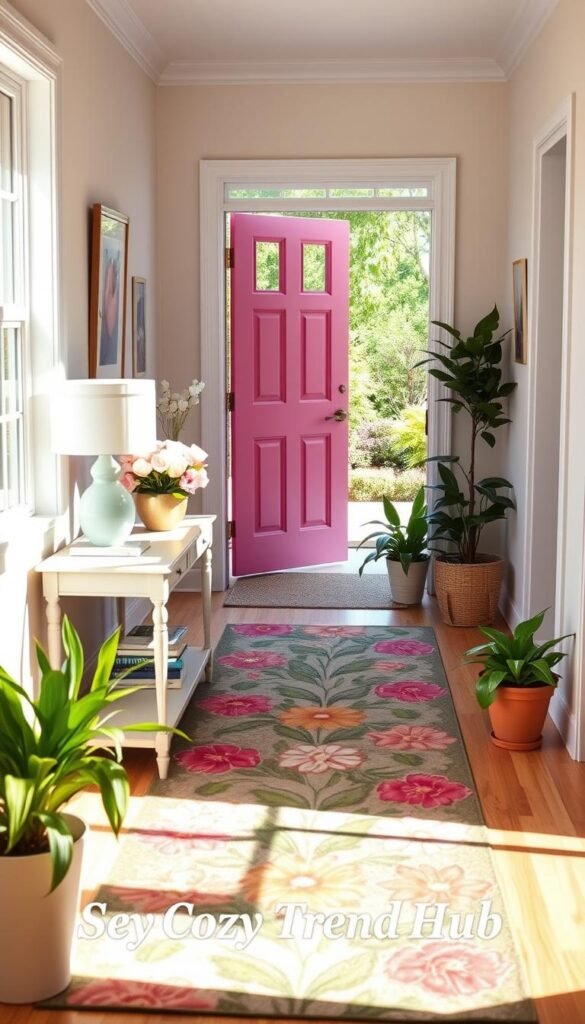 A bright and inviting entryway showcasing a spring refresh. In the foreground, a stylish console table adorned with fresh flowers in a pastel vase, a modern lamp, and decorative books. In the middle, a vibrant area rug with floral patterns leading towards the door, flanked by potted plants exhibiting rich green foliage. The walls are decorated with subtle artwork featuring spring themes. Sunlight streams in through a large window, casting soft shadows and creating a warm atmosphere. In the background, a welcoming front door painted in a cheerful hue opens to a lush garden view, emphasizing the renewal of the season. Capture this cozy scene in a realistic, Pinterest-style, lifestyle photo that reflects the essence of spring decor by "CozyTrendHub". A bright and inviting entryway showcasing a spring refresh. In the foreground, a stylish console table adorned with fresh flowers in a pastel vase, a modern lamp, and decorative books. In the middle, a vibrant area rug with floral patterns leading towards the door, flanked by potted plants exhibiting rich green foliage. The walls are decorated with subtle artwork featuring spring themes. Sunlight streams in through a large window, casting soft shadows and creating a warm atmosphere. In the background, a welcoming front door painted in a cheerful hue opens to a lush garden view, emphasizing the renewal of the season. Capture this cozy scene in a realistic, Pinterest-style, lifestyle photo that reflects the essence of spring decor by "CozyTrendHub".