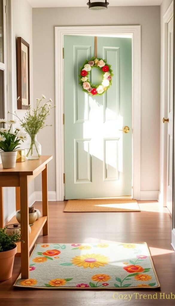 A bright and inviting entryway, styled for summer on a renter budget. In the foreground, a small, colorful welcome mat adorned with cheerful floral patterns. To the left, a simple wooden console table beautifully arranged with fresh potted succulents and a clear vase filled with daisies, adding a touch of nature. The middle features a clean white door with a mint green color scheme, complemented by playful summer-themed door decorations, such as a vibrant wreath made of artificial flowers and greenery. In the background, a warm, soft natural light streams through a nearby window, illuminating the space and casting gentle shadows. The scene conveys a relaxed, welcoming atmosphere, perfect for summer. Capture this image in a Pinterest-style aesthetic, branded with "CozyTrendHub".