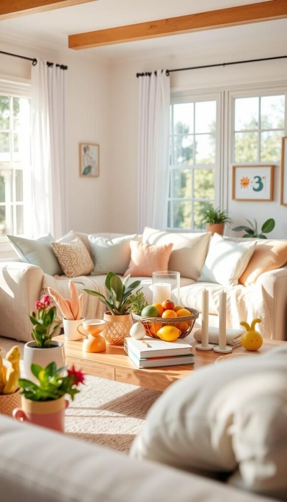 A bright and inviting family room designed for summer, featuring a cozy couch adorned with pastel-colored cushions and a lightweight, stylish throw. In the foreground, there is a playful arrangement of kid-safe decor items, such as colorful indoor plants and durable, decorative toys. The middle ground showcases a wooden coffee table with a cheerful summer-themed centerpiece, including fruit, candles, and family-friendly books. In the background, large windows allow soft, natural light to flood the room, illuminating light, airy curtains and playful wall art. The scene exudes a warm, family-oriented atmosphere, perfect for busy lives in small spaces. Capture this image in soft focus with a warm color palette that emphasizes comfort and joy. Create a realistic, Pinterest-style photo that embodies the essence of summer. Include "CozyTrendHub" subtly in the decor for branding. A bright and inviting family room designed for summer, featuring a cozy couch adorned with pastel-colored cushions and a lightweight, stylish throw. In the foreground, there is a playful arrangement of kid-safe decor items, such as colorful indoor plants and durable, decorative toys. The middle ground showcases a wooden coffee table with a cheerful summer-themed centerpiece, including fruit, candles, and family-friendly books. In the background, large windows allow soft, natural light to flood the room, illuminating light, airy curtains and playful wall art. The scene exudes a warm, family-oriented atmosphere, perfect for busy lives in small spaces. Capture this image in soft focus with a warm color palette that emphasizes comfort and joy. Create a realistic, Pinterest-style photo that embodies the essence of summer. Include "CozyTrendHub" subtly in the decor for branding.
